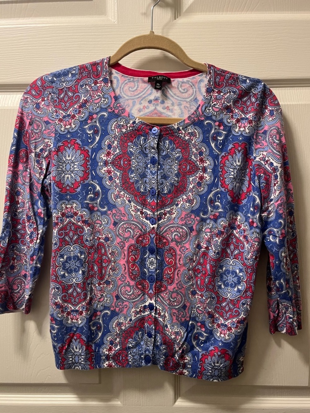 Talbots Pink & Blue Paisley Button-Front Cardigan 3/4 sleeve Size M petite